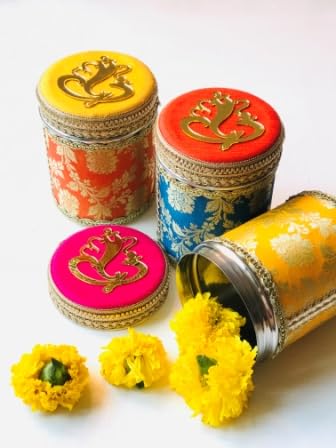 set of 6 floral boxes decorated with silk cloth, beautiful laces stainless steel box, 500gm capacity